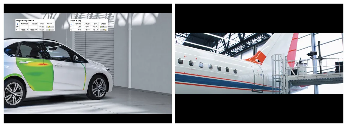 ATOS real-world applications — automotive body panel deviation inspection and aircraft structural inspection
