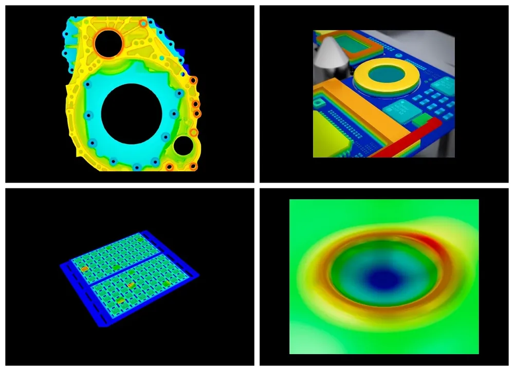 Profile displacement sensor 3D measurement results — casting housing, electronics/PCB, IC tray, surface deformation map